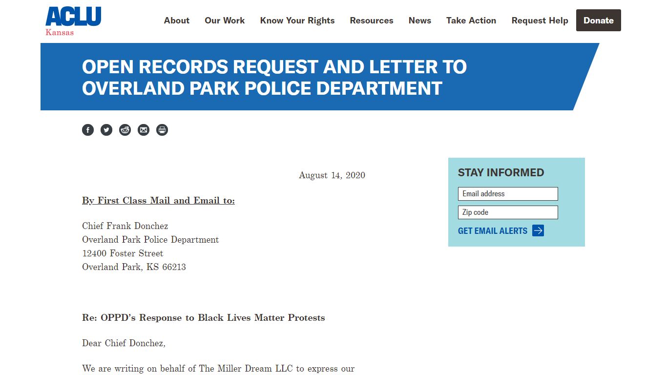 Open Records Request and Letter to Overland Park Police Department ...